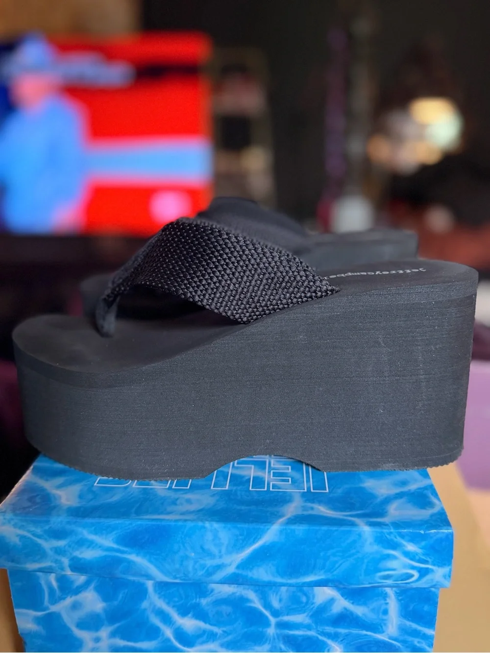 Jeffrey Campbell JELLIES Wavin Black Woven Platform Thong Sandals